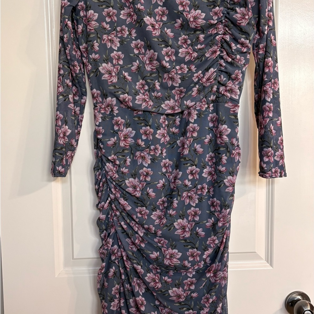 White House Black Market Floral Reversible Long Sleeve Dress in Black and Pink.
